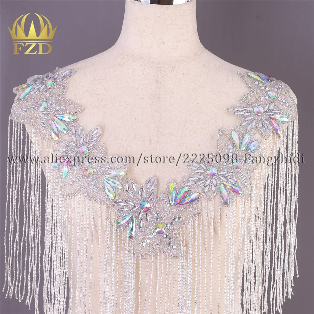 FZD 1 Peice Handmade rhinestone AB Silver Crystal Beaded Sewing Tassel Patches Applique Rhinestones Trimming for Women Clothes