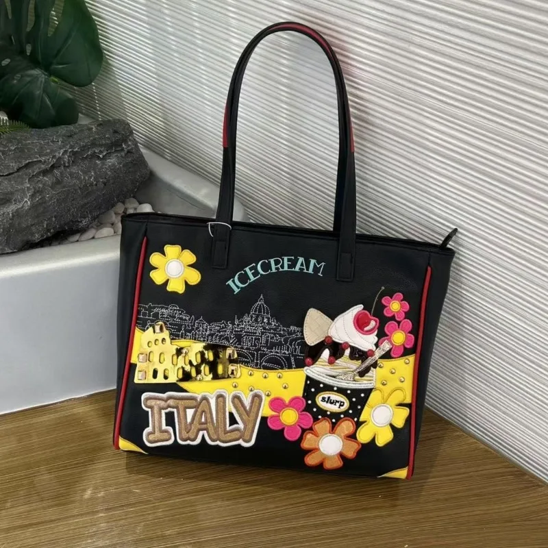 

Original Brands Tote Bag Women New Patchwork Color Embroidery Letter Flower Shoulder Bag Fashion Chic Large Capacity Female Bags