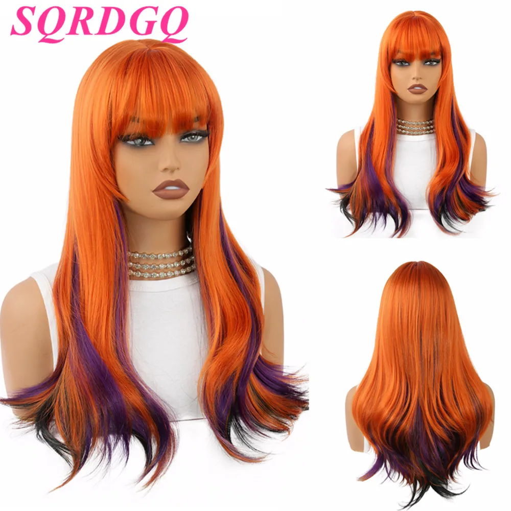 SQRDGQ Ombre Color Natural Synthetic Wig Cosplay Woman Wigs 22inch Women's Halloween Costumes Wigs for Woman Orange Wig Woman