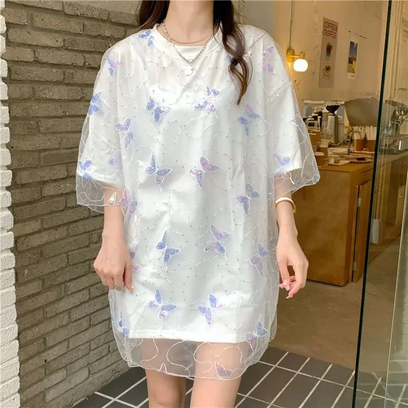 

Mesh Fake Two Butterfly T-shirts Women's Long Short-sleeved Loose Tops Korean Clothes Summer