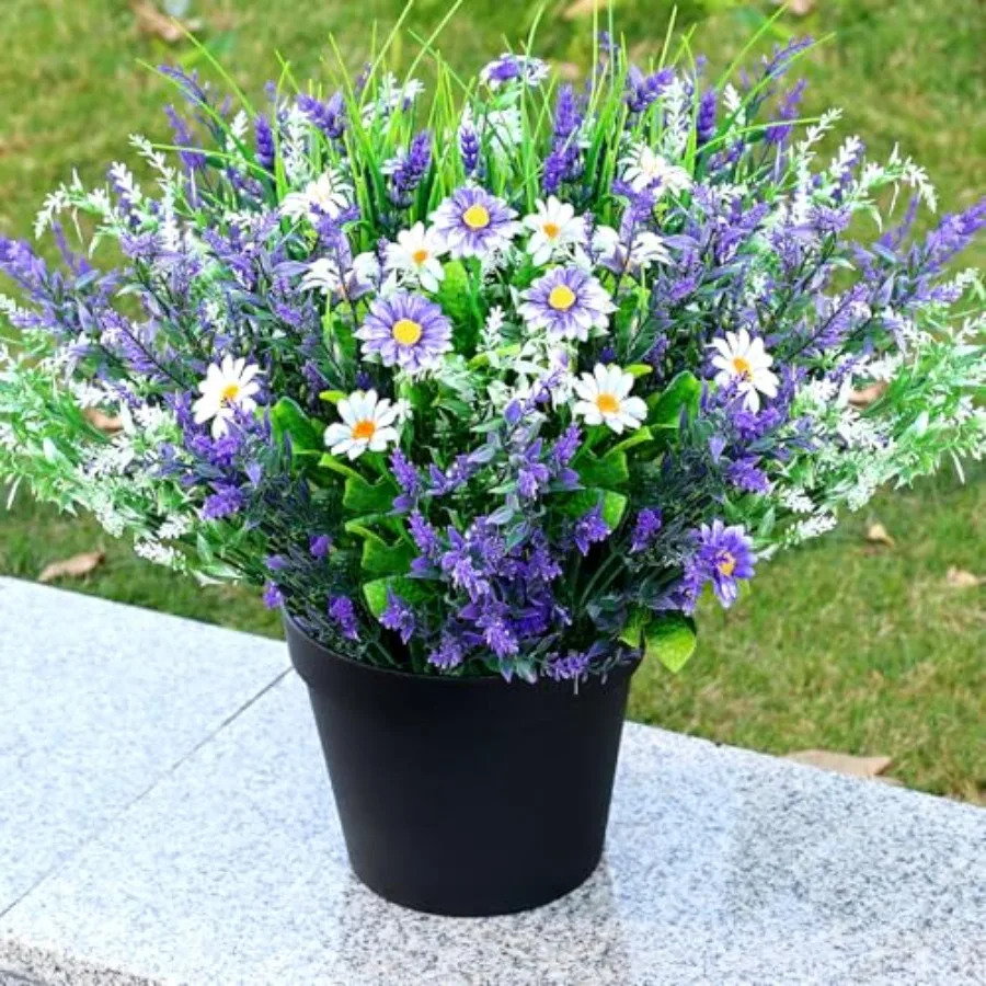 

Outdoor artificial potted flowers: 16-inch purple lavender daisy faux plants, pre-assembled, weather-resistant PE material, ide