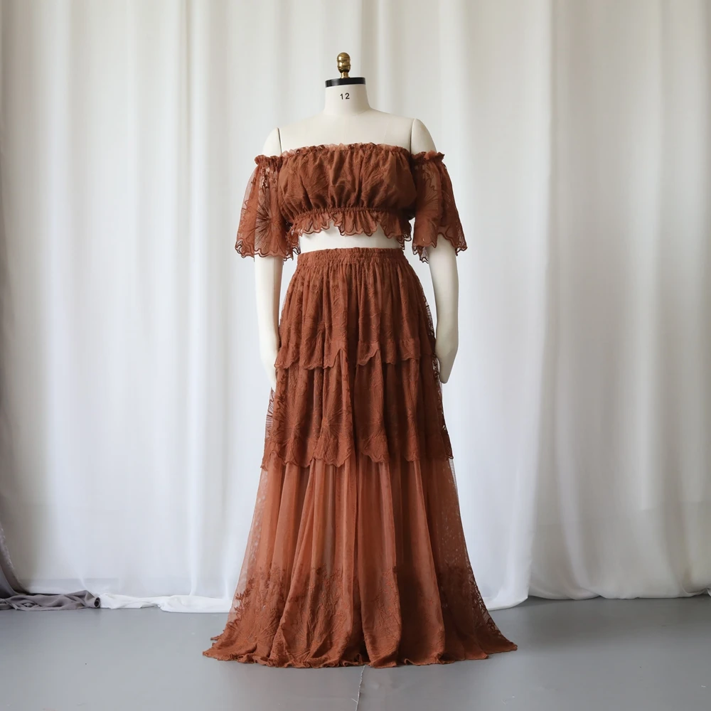 

Elegant Boho Maternity Gown Lace Tiered Maxi Dress Off Shoulder Pregnancy Photoshoot Outfit Fall Autumn Baby Shower Wear