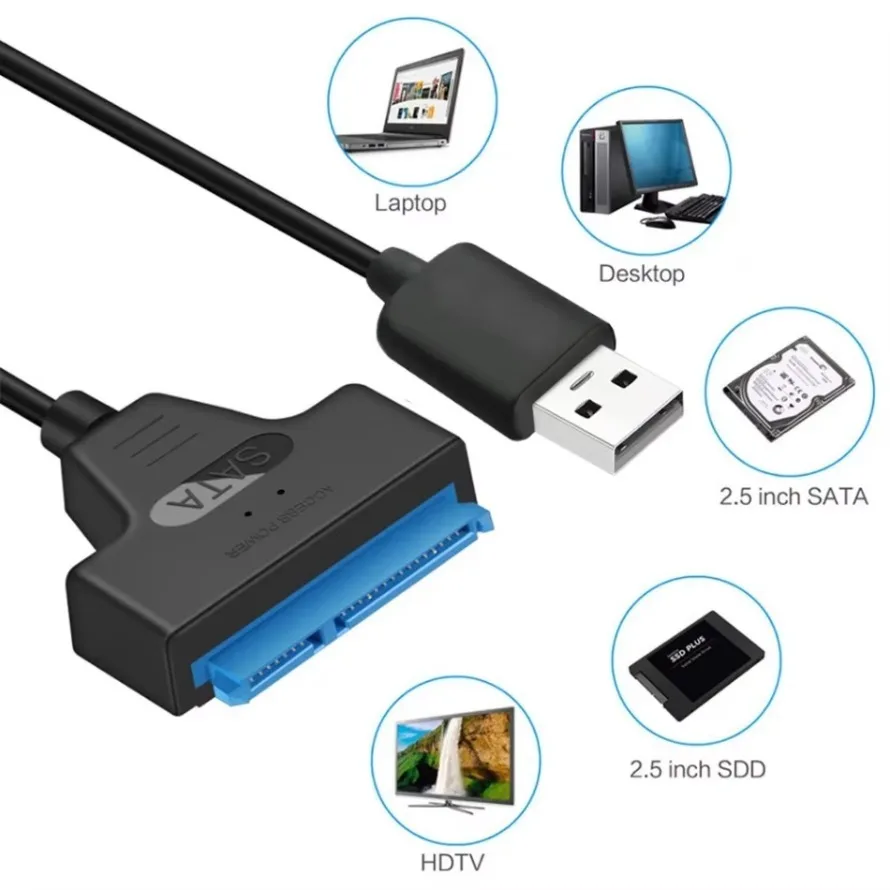 Adaptador de Cable SATA a USB Cable USB 2,0 a Sata de hasta 480 Mbps para disco duro SSD HDD externo de 2,5 pulgadas Adaptador SATA 3 de 22 pines