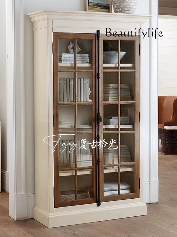 

N American Country Solid Wood Vintage Glass Door Storage Display Cabinet