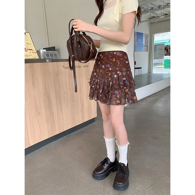 GAODINGLAN High Waist American Vintage Women Skirts Summer A Line Floral Print Sexy Skirt Pure Desire Spicy Girl Brown Skirts