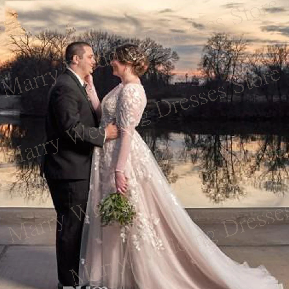 Elegante vestido De novia De corte en A para mujer, apliques encantadores, Vestidos De novia De encaje, manga larga, botón, tul