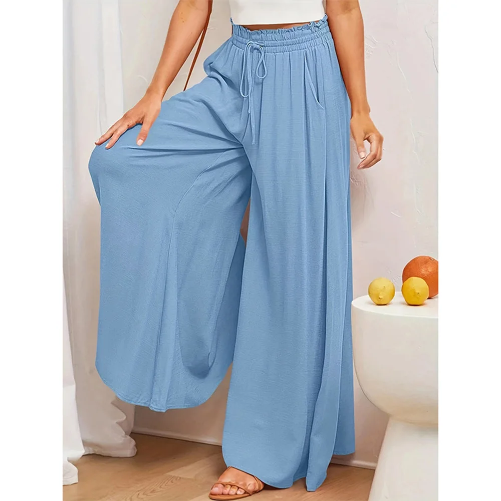 Calça feminina de perna larga, cintura alta com cordão, calça reta elástica, de comprimento total, casual, popular, solta, elegante