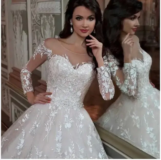 Customzied 2025 nuevo Vestido De novia De talla grande ilusión manga larga perlas apliques De cuentas vestidos De novia blancos Vestido De novia