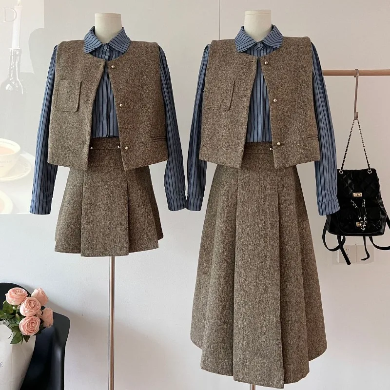 Vintage College Style Women 3pcs Outfit Long Sleeve Striped Shirt Tweed Single Breasted Vest Coat High Waist Pleated Skirt Suits