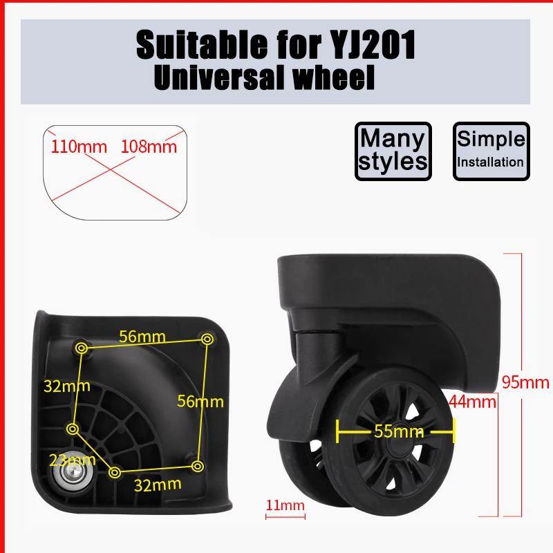 Resistentes ao desgaste Acessórios de bagagem, Roda Universal, Adequado para YJ201 Trolley Case, Carrying Wheel, Mala, Substituição