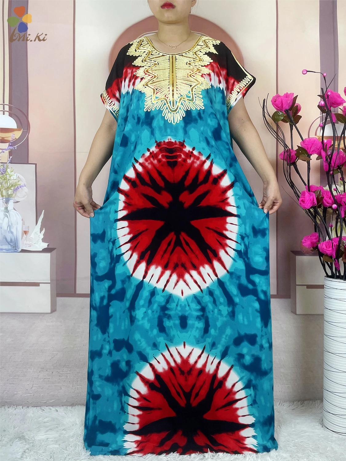 2024 New African Women Embroidered Sequin Dress Tie Dyed Loose Cotton Robe Dshiki Maxi Robe Femme Islamic Women Summer Clothing