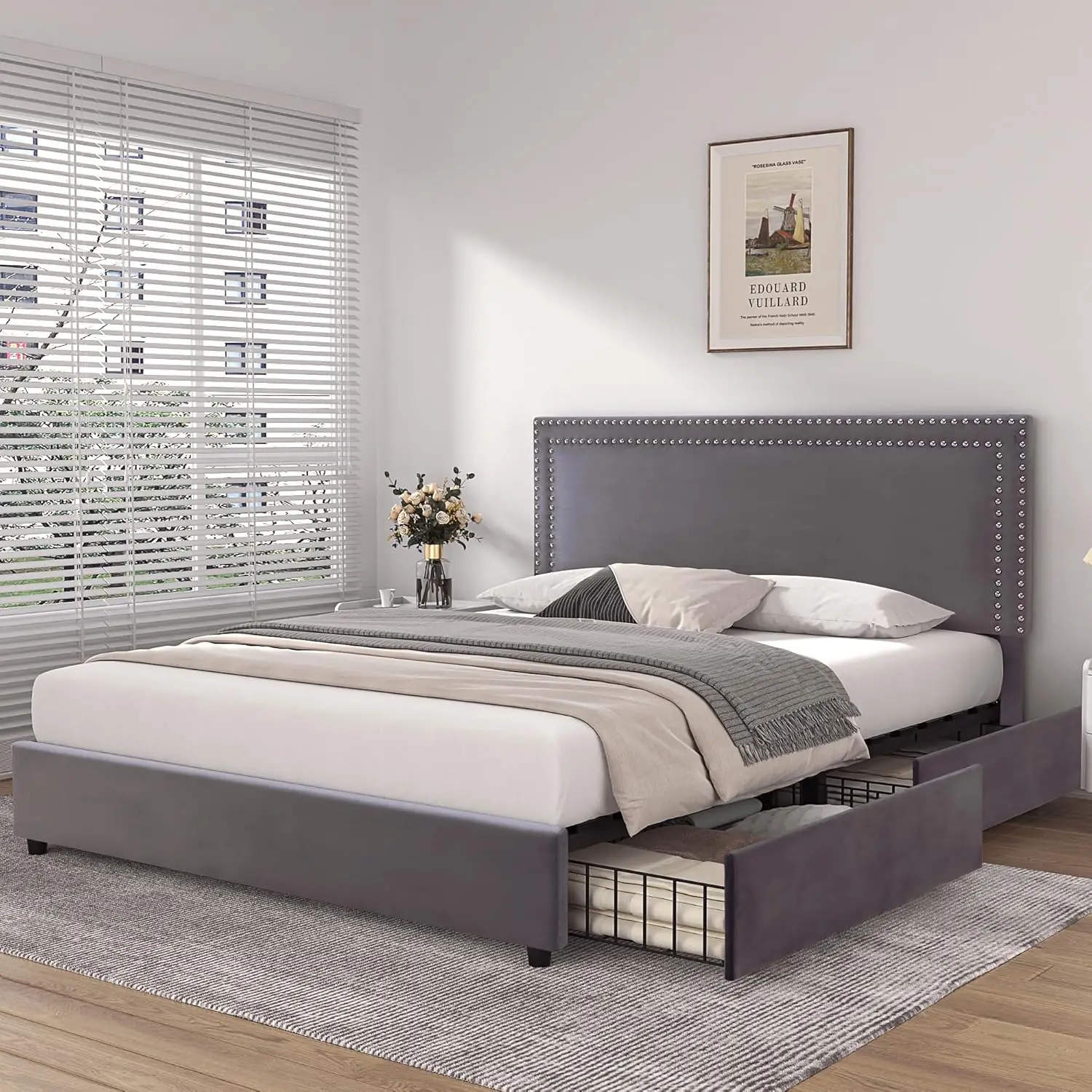 Vecelo-Queen Size Estofados Plataforma Cama Frame, 4 Gavetas De Armazenamento, Veludo Ajustável Rebites Cabeceira, Ripas De Madeira