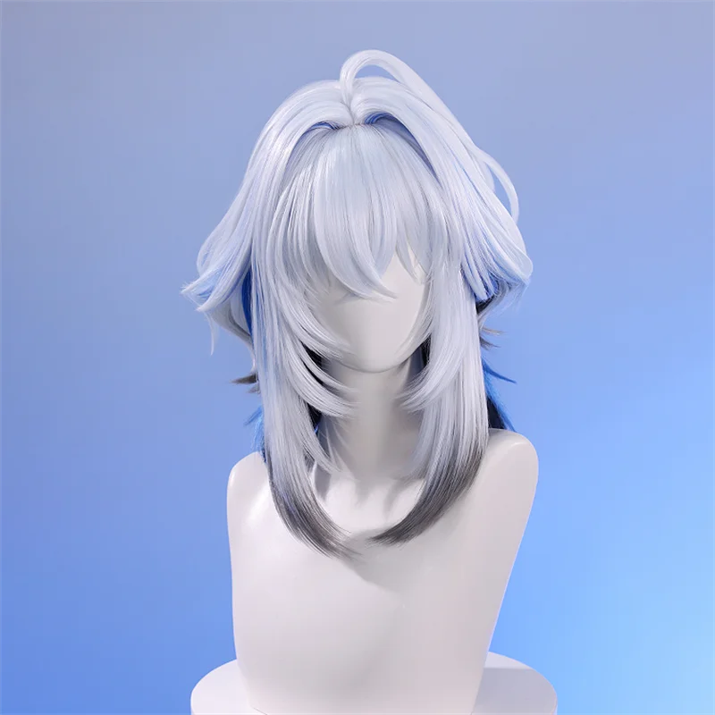 Jogo wuthering ondas galbrenr peruca cosplay prateado cinza azul curto cabelo encaracolado resistente ao calor perucas sintéticas adereços de halloween
