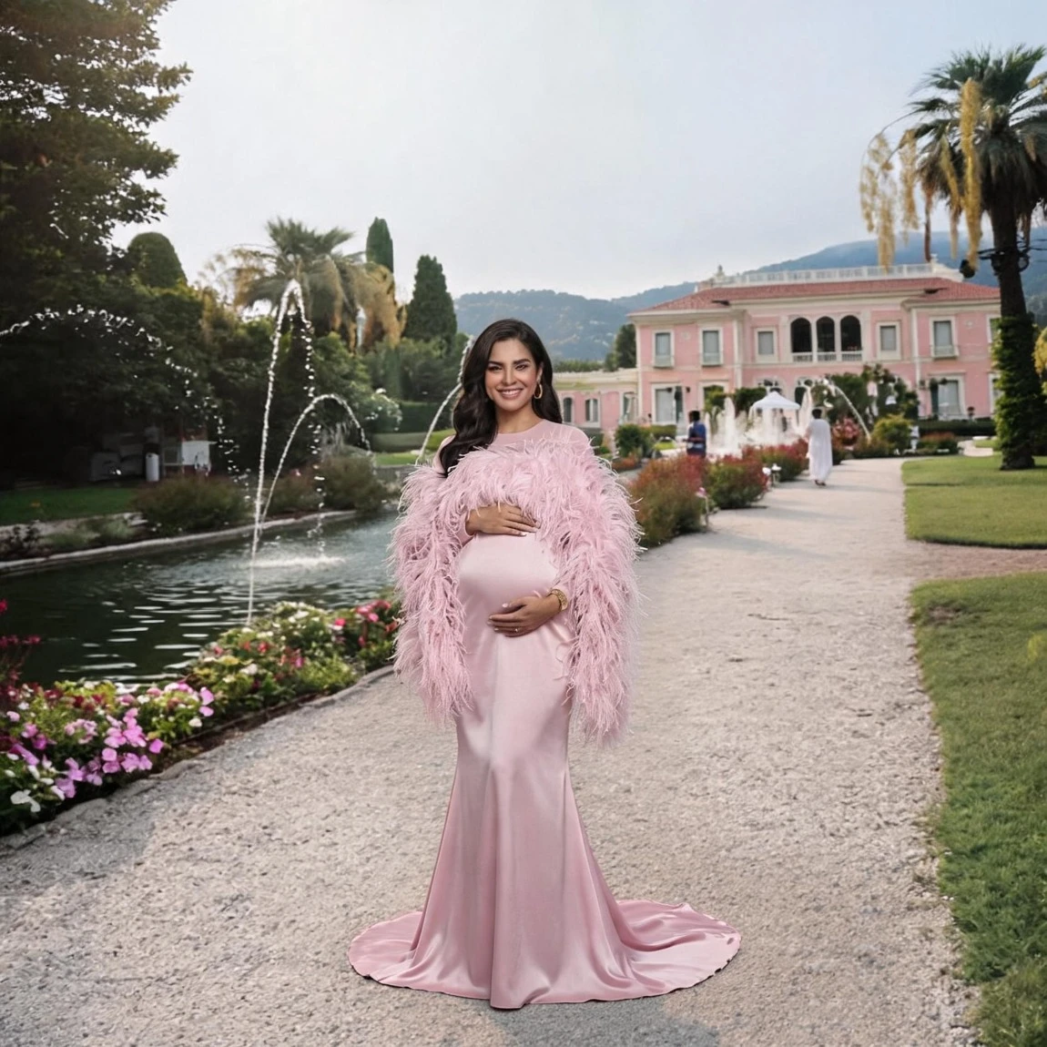 Pink Feather Pregnant Dress for Photo Shoot Silk Satin Mermaid Gown Studio Maternity Photography Gender Reveal Dress YD260917