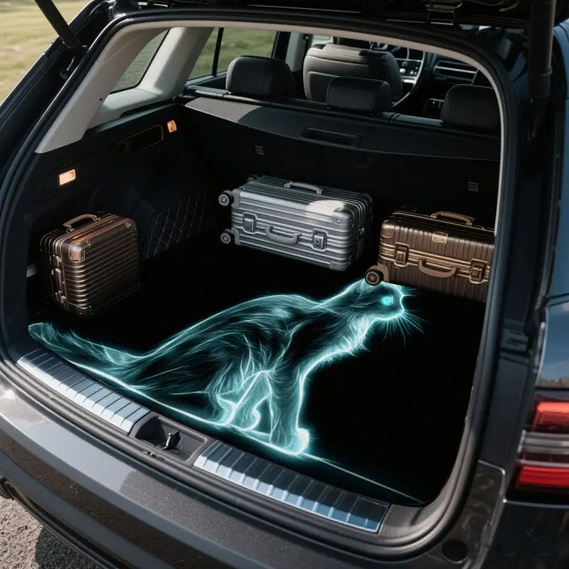 VIKAMA Neon Light Spirit Cat Car Trunk Cargo Mat Anti‑Slip Waterproof Protector for SUV Sedan Vehicle Interior Decor