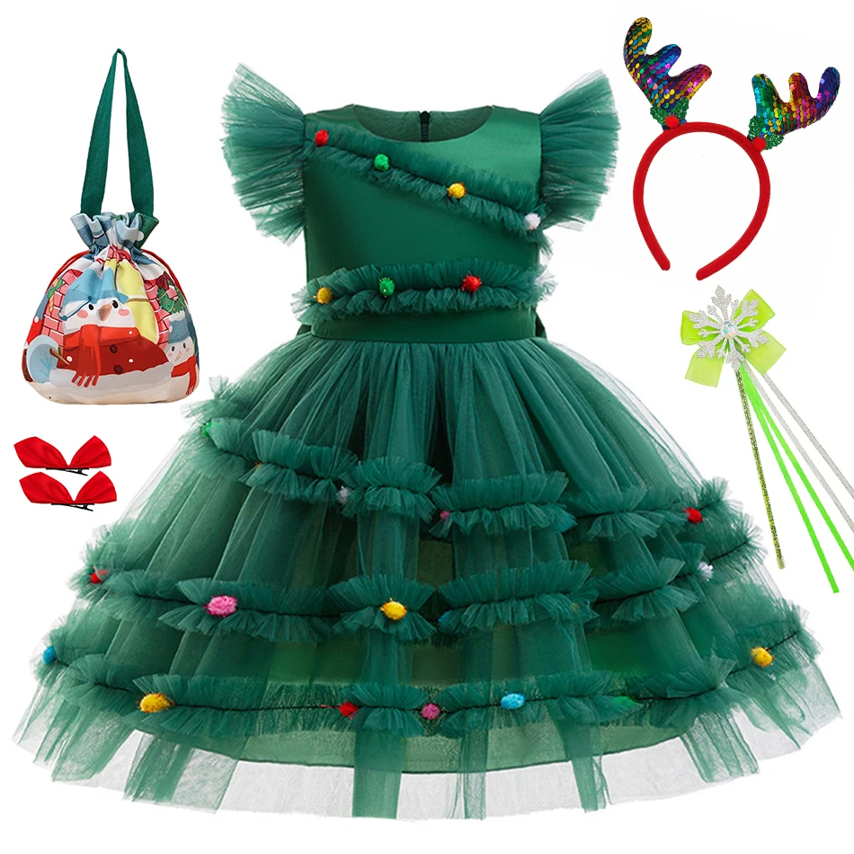 أطفال شجرة عيد الميلاد فستان الأميرة الفتيات عيد الميلاد الأخضر السنة الجديدة ملابس الأطفال مهرجان عطلة الكرة ثوب شبكة Bowknot وتتسابق