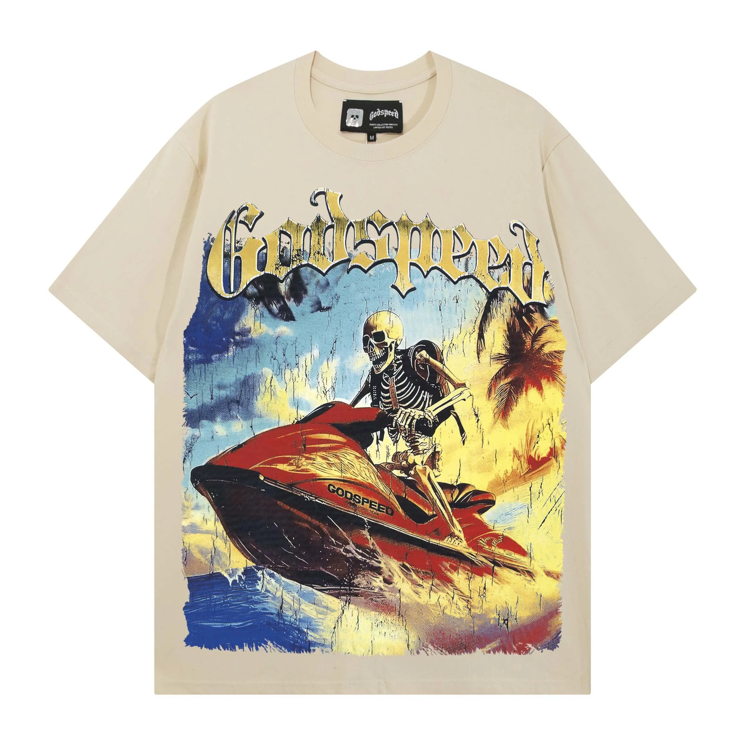 Godspeed American Surf Skull Print High Street Men's Heavyweight Pure Cotton Loose T-Shirt Short Sleeve Youth Fashion