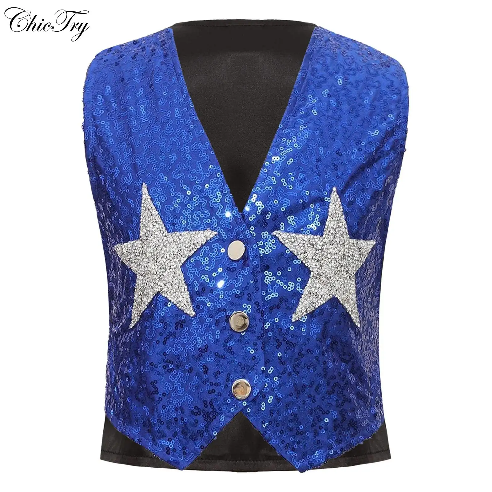 

Костюм пастушки для девочек и мальчиков, жилет унисекс с блестками, жилет с v-образным вырезом и пуговицами, блестящий жилет со звездами и блестками, косплей на Хэллоуин