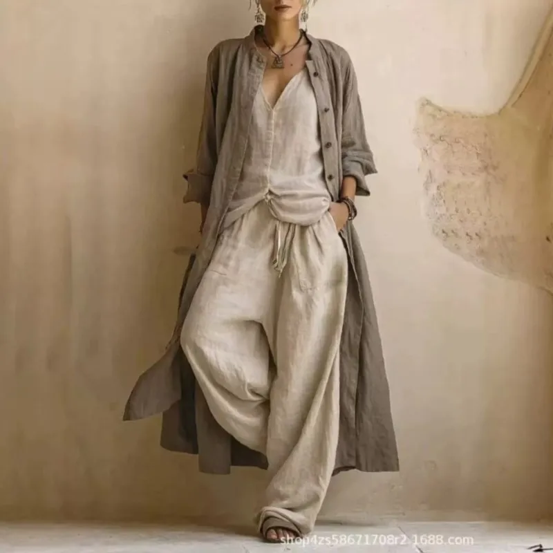 Vintage Print 3-Piece Set Women Casual Long Sleeve Long Cardigan Coat + V-Neck Top+ Wide-leg Trousers Loose Long Pants Sets 2026 view 6