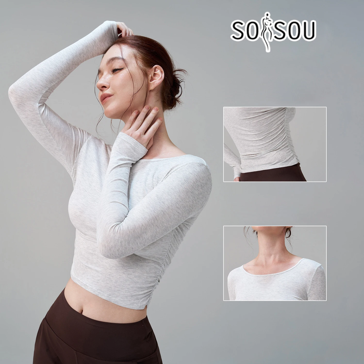 SOISOU リブ編みジムトップ ヨガTシャツ フィットネス スポーツ レディースウェア ドライフィット 高弾性 通気性 長袖 ドレープサイドトップス
