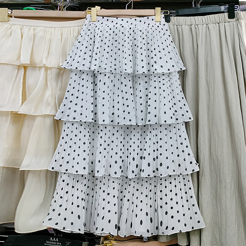 Summer New High Waist Polka Dot Chiffon Cake Skirt mid Length Women's Fashionable Slimming Half Skirt Polyester Fiber