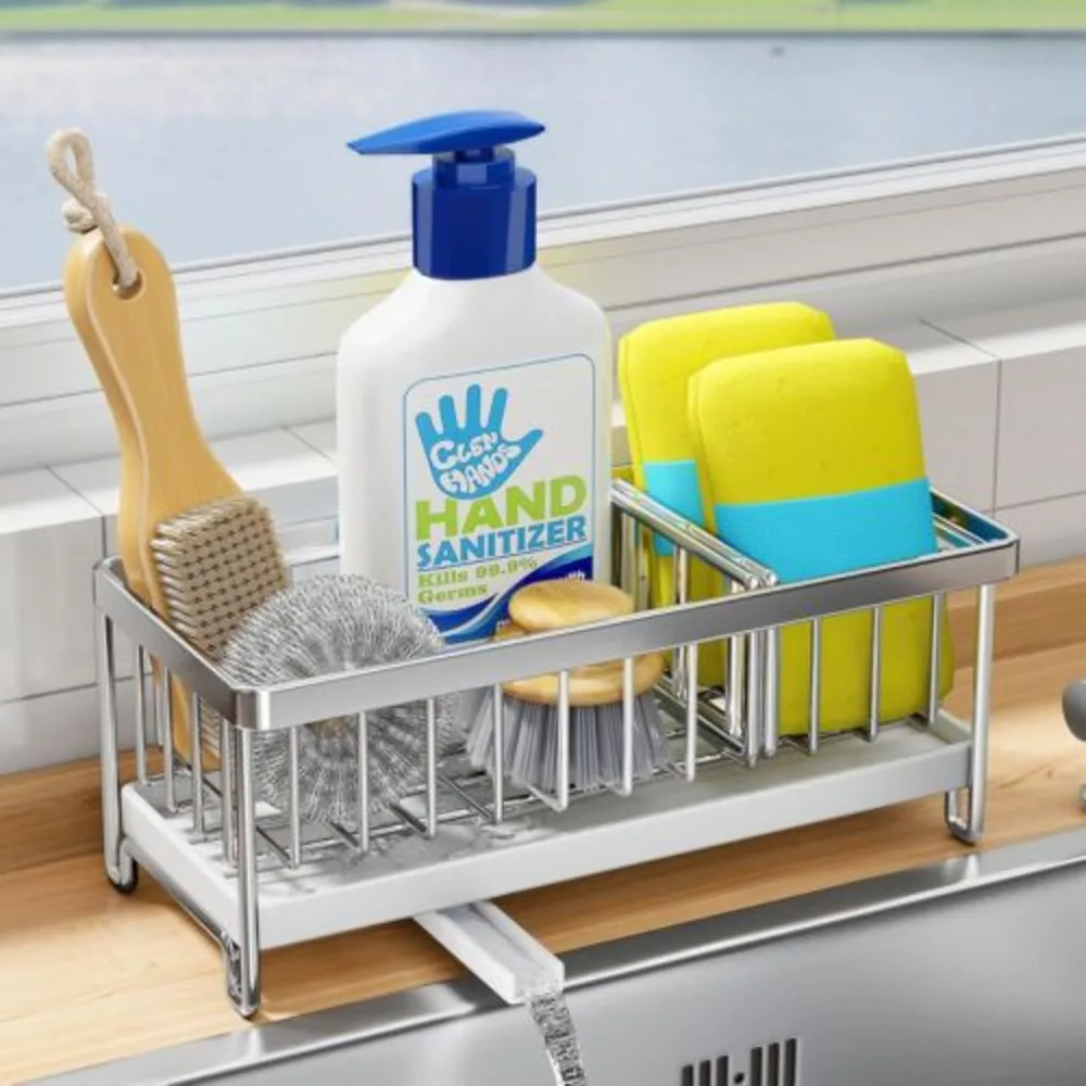 Kitchen Sponge Holder Sink Caddy Organizer Countertop Removable With Drip Tray