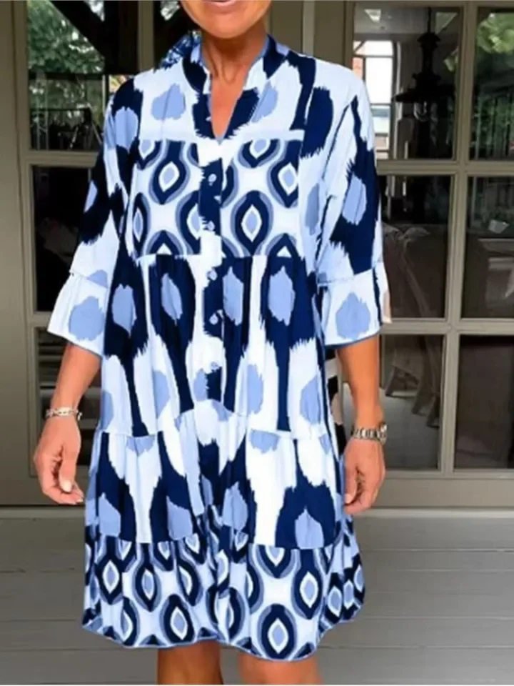 Abito con stampa di moda Lady Casual scollo a V Abiti larghi con bottoni a tre quarti per le donne Boho Vintage Holiday Abbigliamento da donna estivo