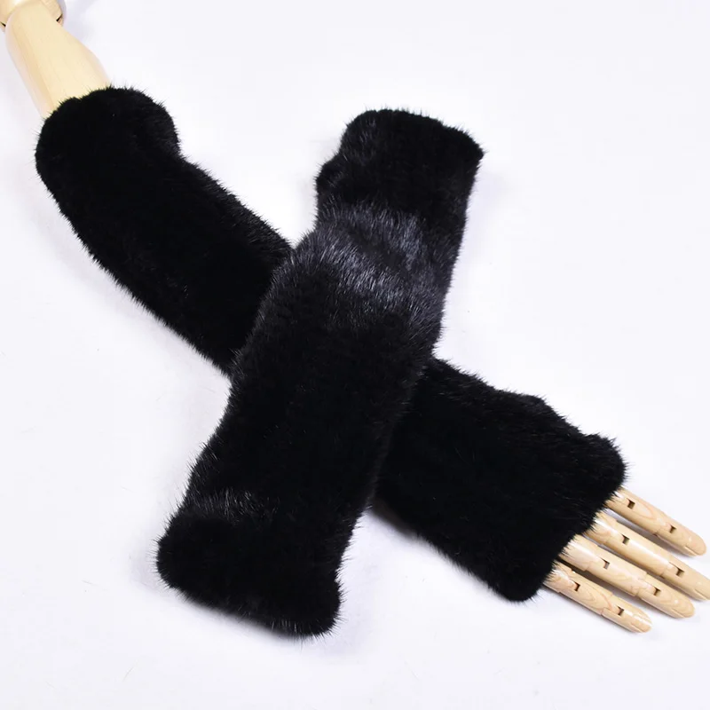 BF Genuine Mink Fur Long Gloves for Women, Arm Sleeves, Keep Warm, Knitted, High Elastic, Half Finger, Elbow, Autumn, Winter