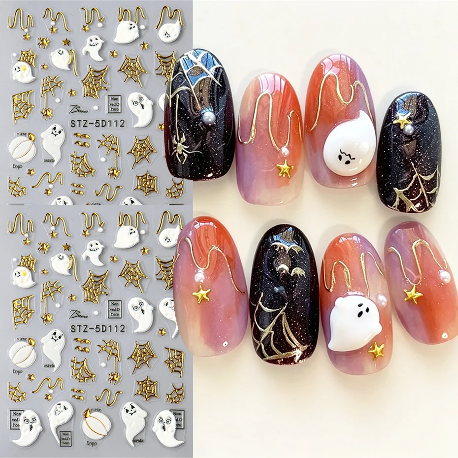 2pcs Cute Ghost Halloween Nail Art Stickers Embossed Cartoon Ghost Pumpkin Golden Spider Web Star Gothic Nail Decals Decoration