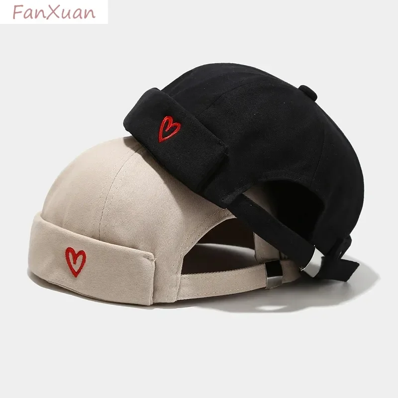 Cute Heart Embroidery Dome Hat Unisex Brimless Beanie Cap Solid Color Yuppies Docker Hat Adjustable Beanies Skullcap