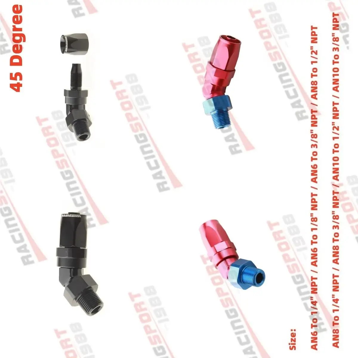 

6AN-1/8" NPT, 6AN-3/8" NPT, 8AN-3/8'' NPT, 8AN-1/2" NPT, AN10–1/2" NPT, AN10–3/8" Переходник с поворотным наконечником шланга на 45 градусов