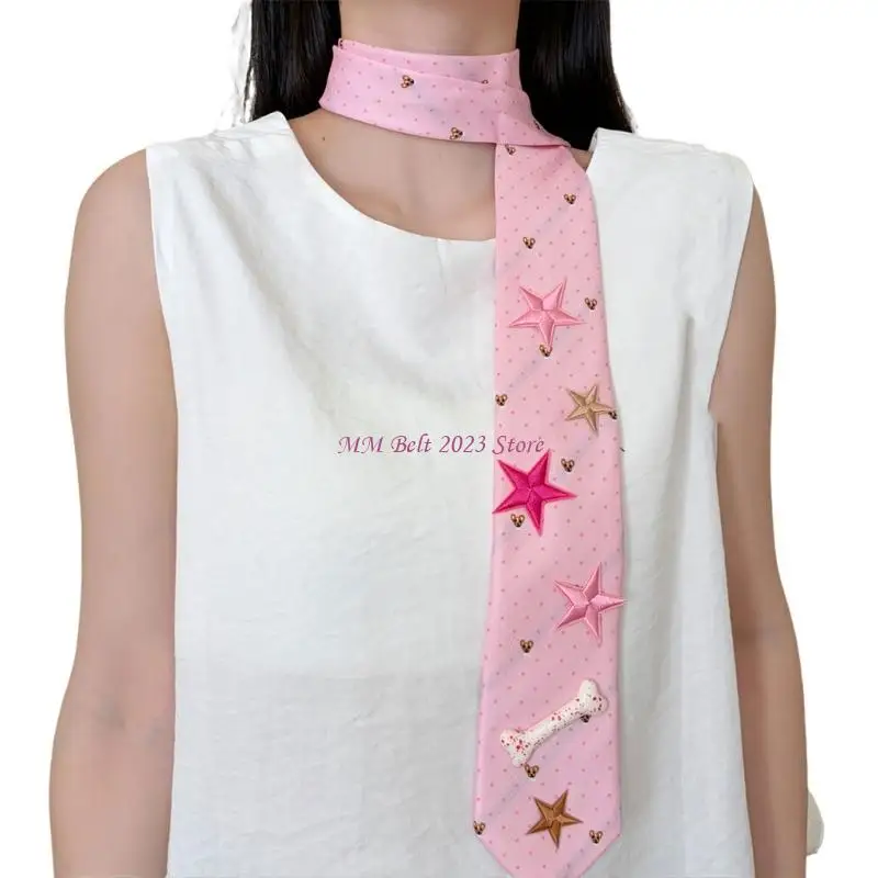 49ME Pink Neck Tie Scarf with Star Detail, Decorative Neckwear Statement Accessory for Outfit Photos, Layered Daily Styling, and