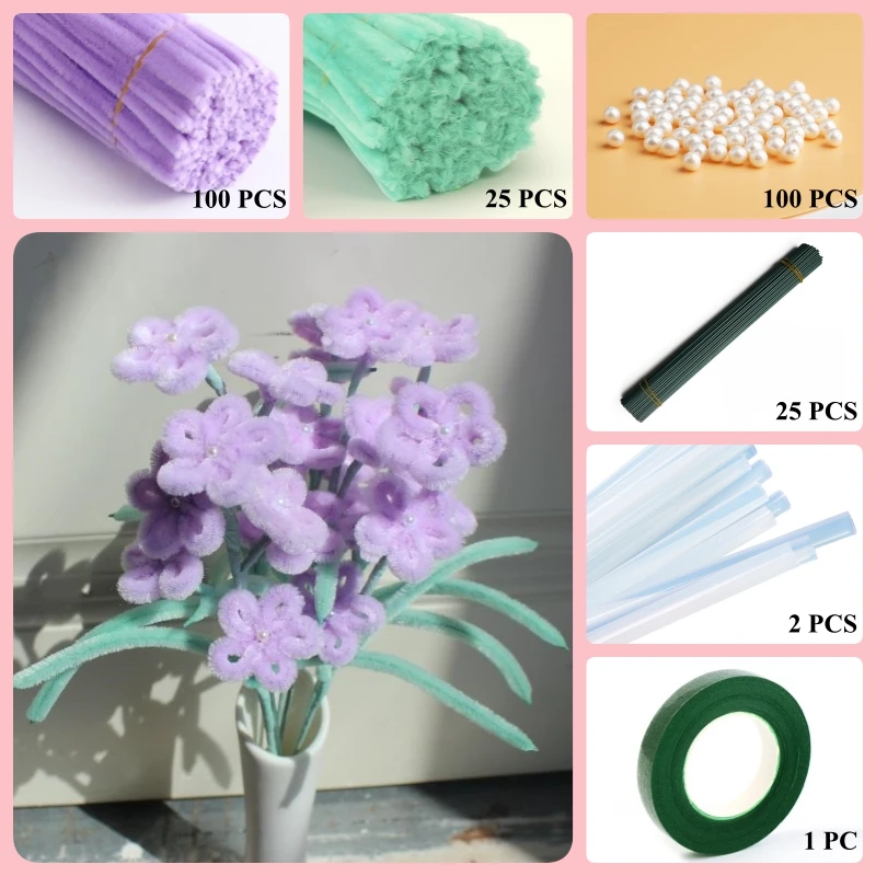 

125 PCS * Pipe Cleaner Chenille Stems Handmade Macaron Daisy Flower Making Kit DIY Art Flower Bouquet Craft Set Hot Glue Sticks