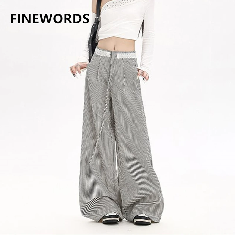 FINEWORDS Vintage Casual High Waist Elegant Office Pants Women Loose OL Work Striped Pant Easymatch Full Length Wide Leg Pants