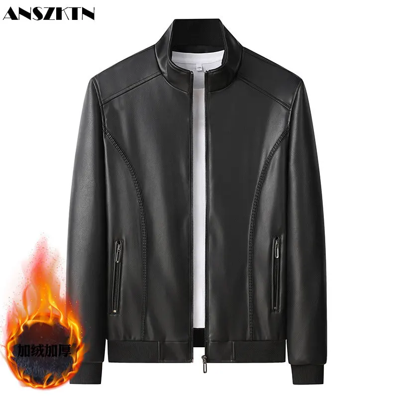 

ANSZKTN PU leather jacket men's plush thick jacket casual jacket winter trench coat middle-aged trendy dad outfit