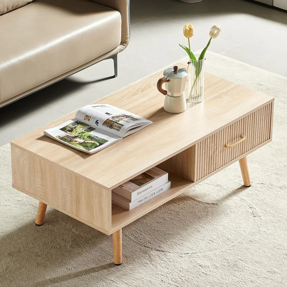 Mid Century Wooden Coffee Table with Stripe Drawer，Modern 41" Large Center Table with Storage，Rectangular Light Wood Coffee Tabl