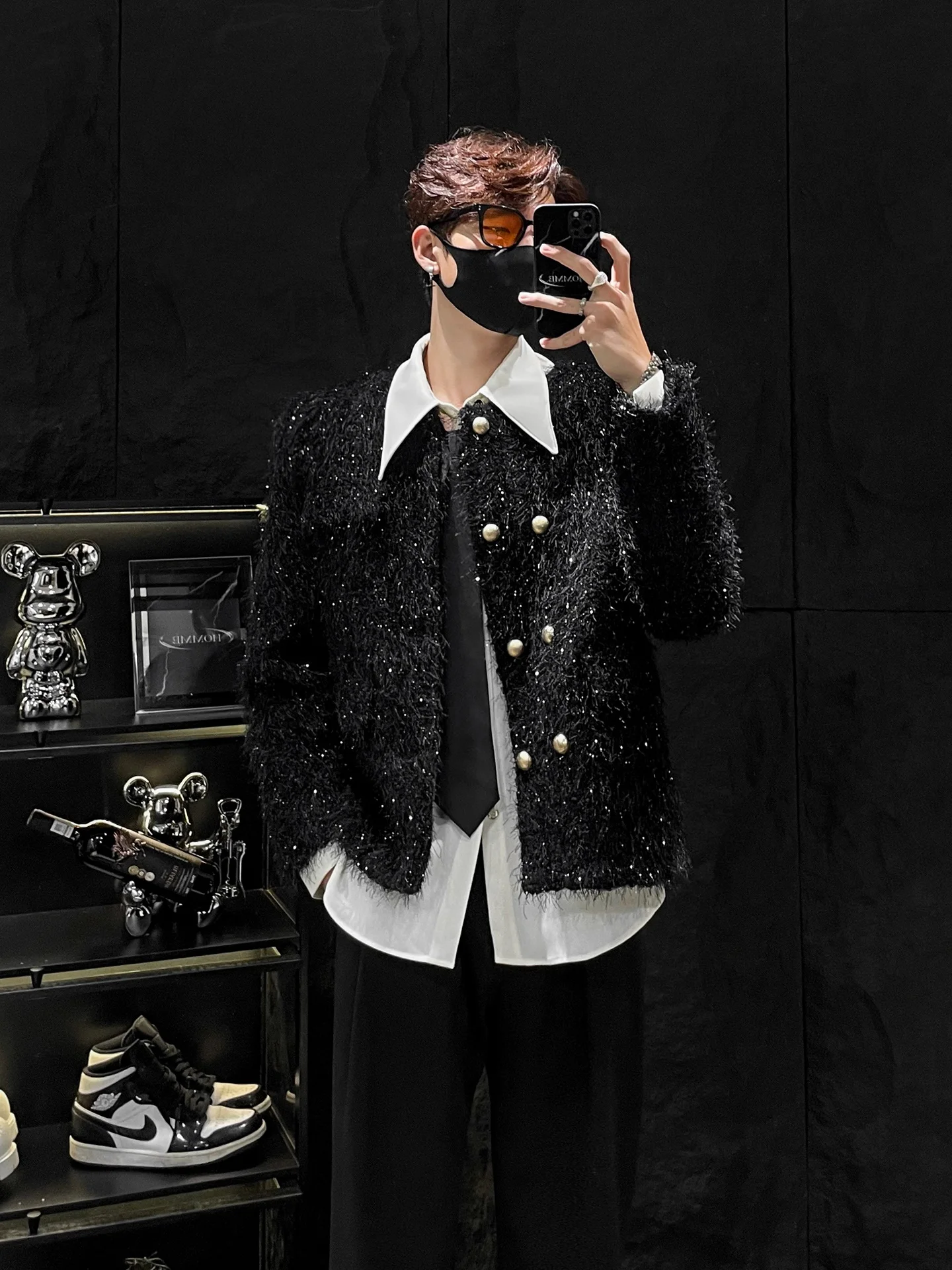 

No Limit Mirror HOMME Men's Faion Outerwear Sparkling iny Silk Jaet Autumn Winter Bla Tweed Sle Loose Fit Long Sve