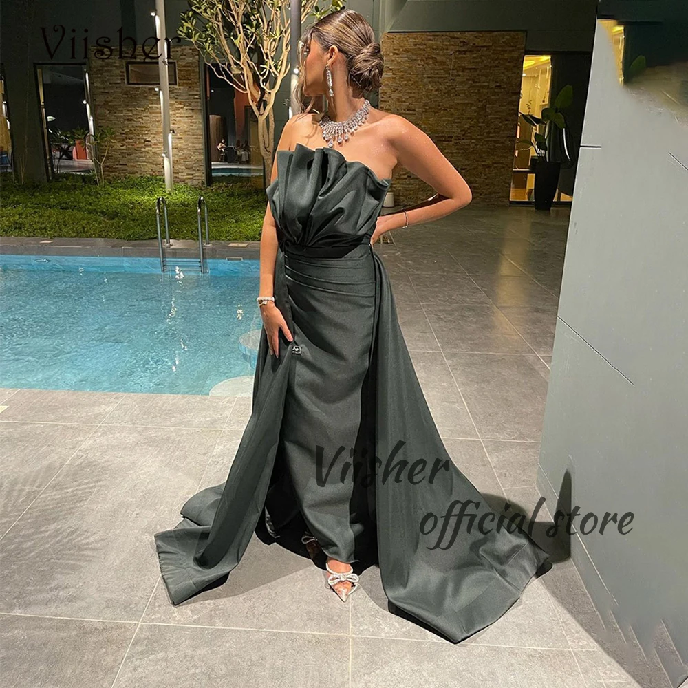 

Arabian Dubai Mermaid Evening Dresses Pleats Satin Strapless Formal Dresses with Train Long Prom Party Gown Backless