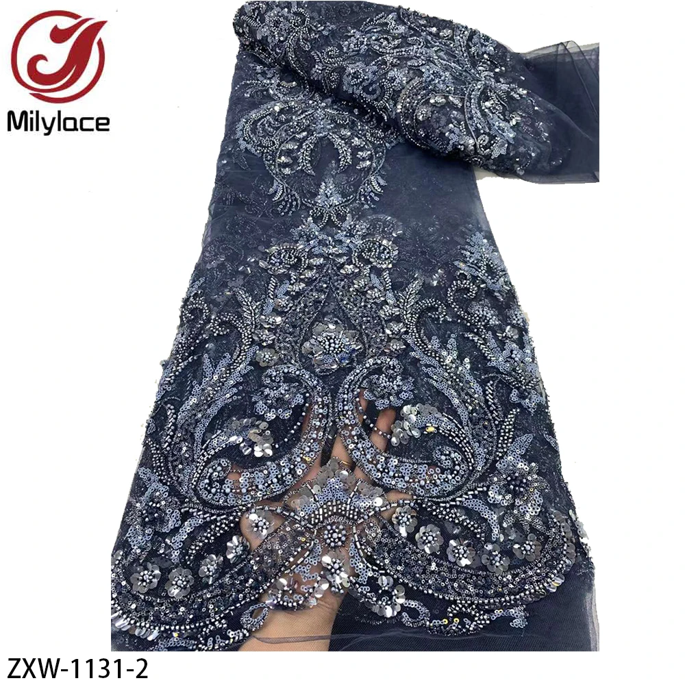 Elegant Embroidery Heavy Beads Groom Lace African Tulle Sequins Lace Fabric For Wedding Party Long Dress ZXW-1131