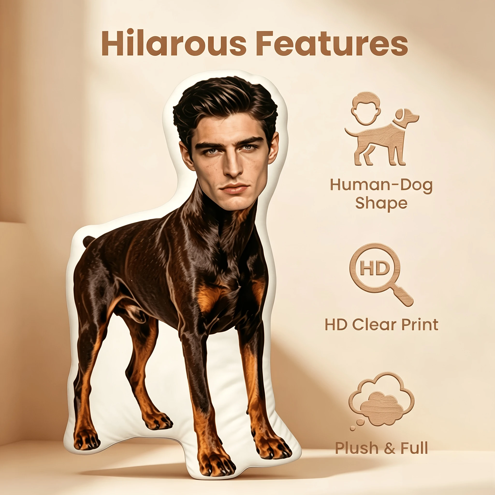 Niche Playful Creative Pillow. Print Your Face on a Doberman! This Quirky And Weird Pillow, a Ous Combination of Human Face And