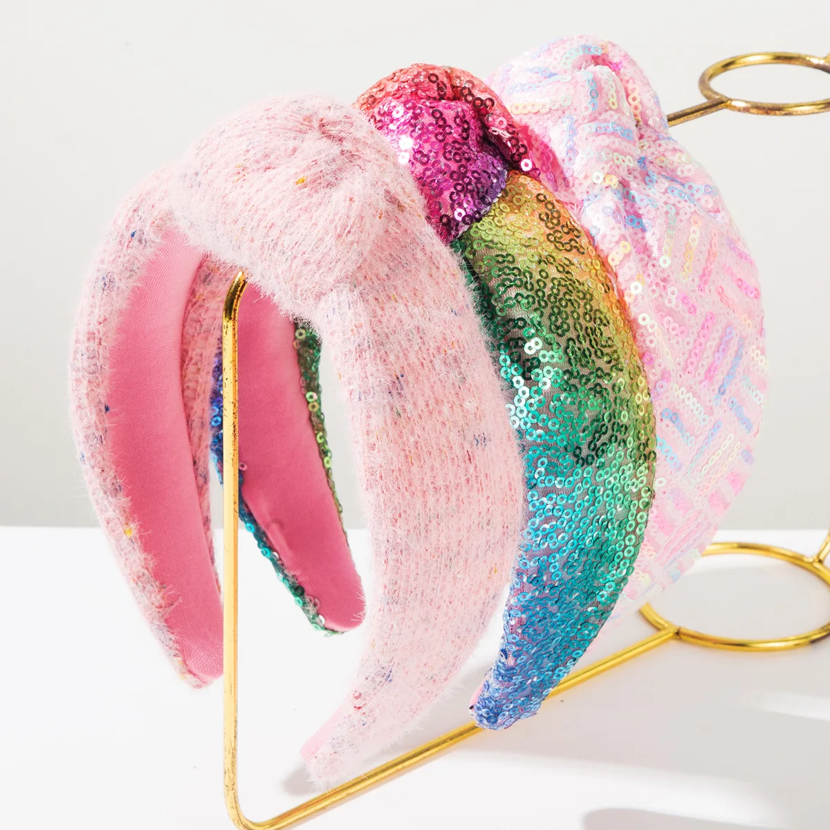 Women Knotted Wide Headband Rainbow Sequin Furry Sponge Padded Hairband Sweet Party Sparkly Hair Accessories for Girls