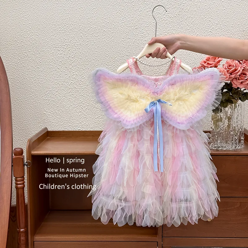 Girls Dress 2025 New Rainbow Wings Performance Birthday Dress Fluffy Princess Dress Fashion Casual Baby