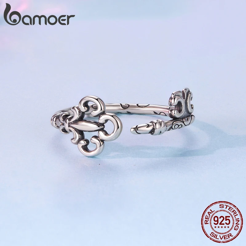 Bamoer 925 فضة مفتاح حلقة مفتوحة نمط خمر جوفاء قفل لامعة الدائري الأصلي للنساء هدية خرافية سحرية #4