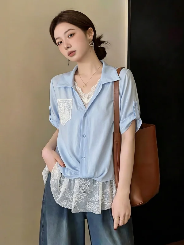 

Light Blue V-Neck Short Sleeve Shirt Women's plus Size Summer New Style Commute Korean Loose Fit Button up Top