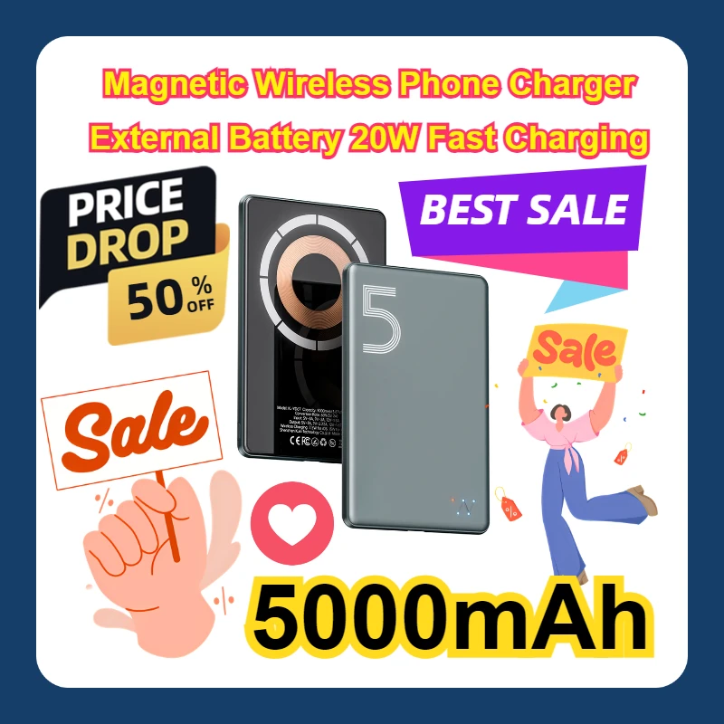 

For iPhone 16 15 Power Bank 5000mAh Magnetic Wireless Phone Charger External Battery 20W Fast Charging