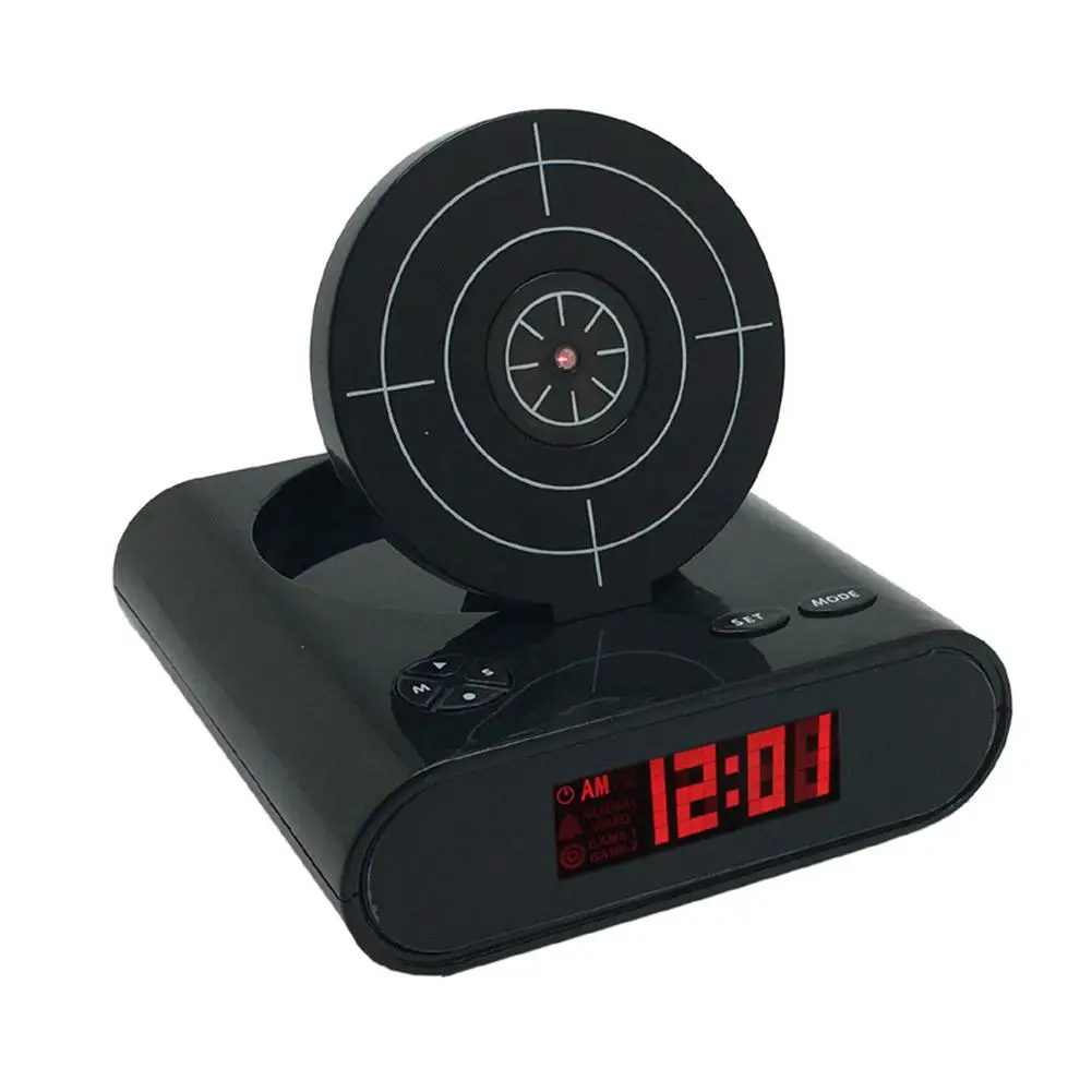 VelmoraMart target alarm clock on a nightstand with an infrared blaster, showing the interactive shooting target feature