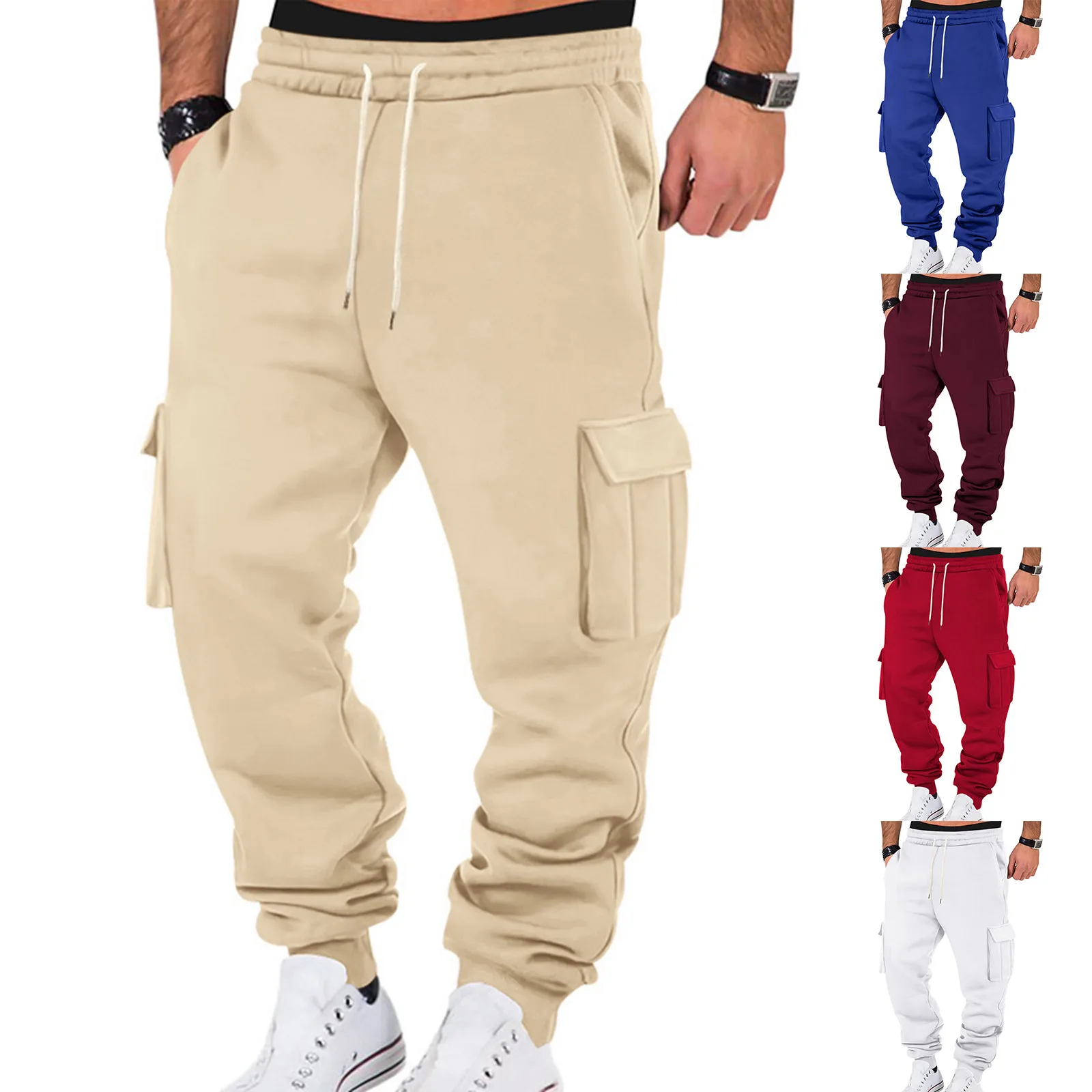 Men Overalls Loose Joggers Workout Cargo Pants Sweatpants Active Sports Drawstring Multi Pocket Casual Thermal Trousers Autumn