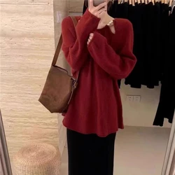 Red Long Sleeve Sweater Women's Clothing Autumn Winter New Loose Patchwork Hollow Pearl Long Sleeve Comfortable Knitted Tops