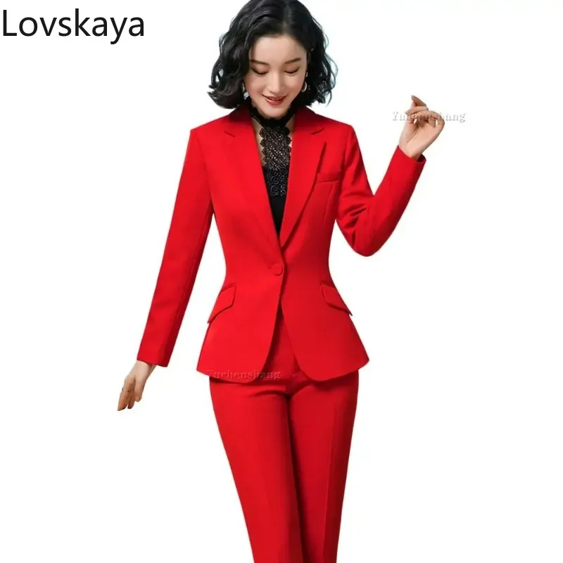 Conjunto de 2 peças de blazer de trabalho formal para mulheres, casaco com calças, terno para carreira, azul escuro vermelho e preto, tamanho