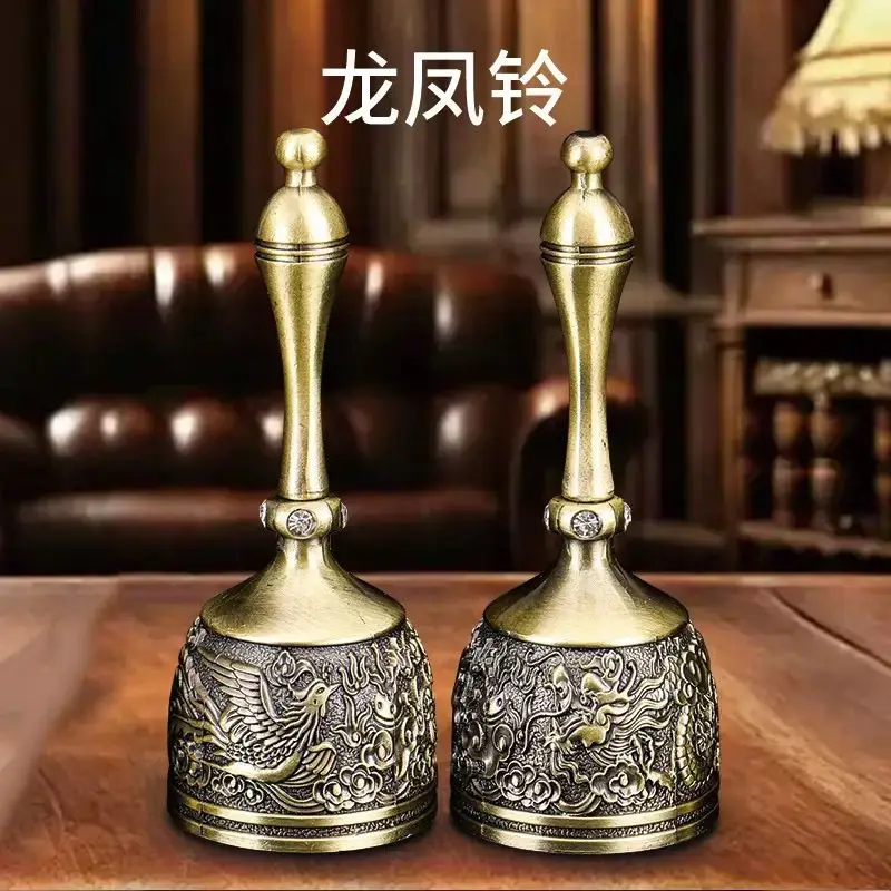 Tibet Tibetan Retro dragon and phoenix bell hand bell Statue Ornament Home Office Cabinet Deco Desktop Decor Figurines